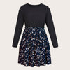 Plus Size Floral Print Midi Dress 2023 Autumn 4XL Patchwork Deep Blue Long Sleeve Elegant Casual Dresses Women Large Clothing