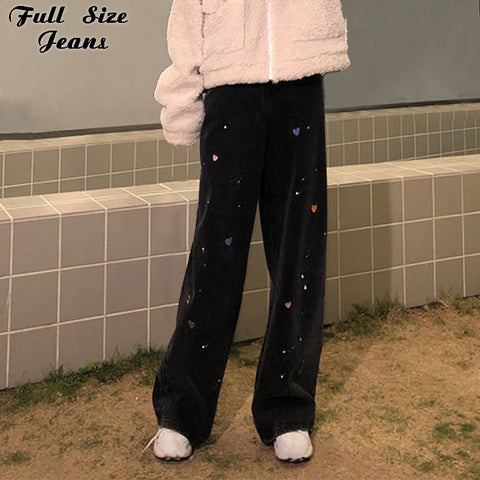 Plus Size Graffiti Heart Printing Black Wide Leg Jeans 4XL Y2K Vintage Retro Street High Waist Harajuku Loose Melody Denim Pants