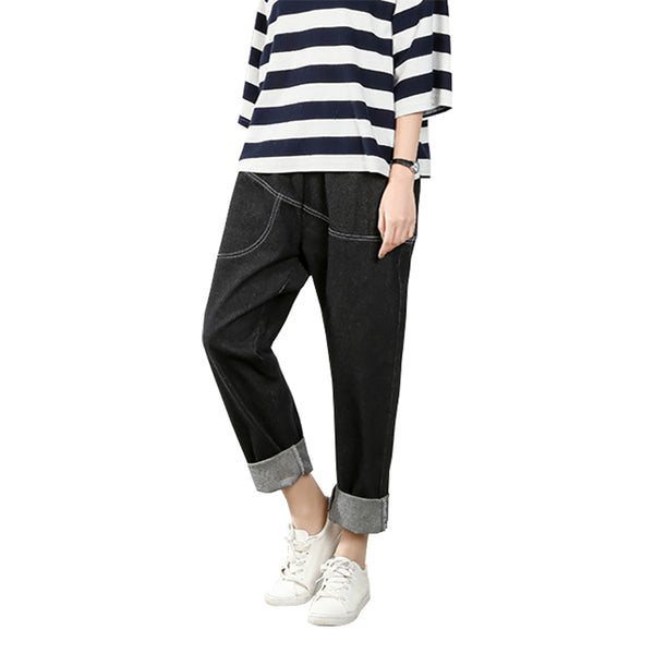 Plus Size Jeans Female 2022 Loose Ankle-Length Pants For Women Black Elastic High Waist Woman Denim Harem Pants Femme Trousers