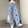 Plus Size Jeans Women Printing Love Cool Girls Design Casual All-match Pockets High Waist Straight Ulzzang Chic Trouser