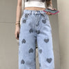 Plus Size Jeans Women Printing Love Cool Girls Design Casual All-match Pockets High Waist Straight Ulzzang Chic Trouser