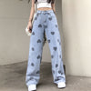 Plus Size Jeans Women Printing Love Cool Girls Design Casual All-match Pockets High Waist Straight Ulzzang Chic Trouser