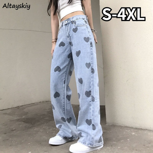 Plus Size Jeans Women Printing Love Cool Girls Design Casual All-match Pockets High Waist Straight Ulzzang Chic Trouser