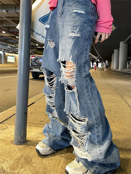 Plus Size Jeans Women Spring Autumn Ripped High Waist Loose Button Zipper High Street Trousers Female Pants ZM034