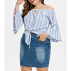 Plus Size L-4XL Summer Off Shoulder Blusas Women Striped Blouse Shirt Ruffle Sleeve Causal Tops WS9099X