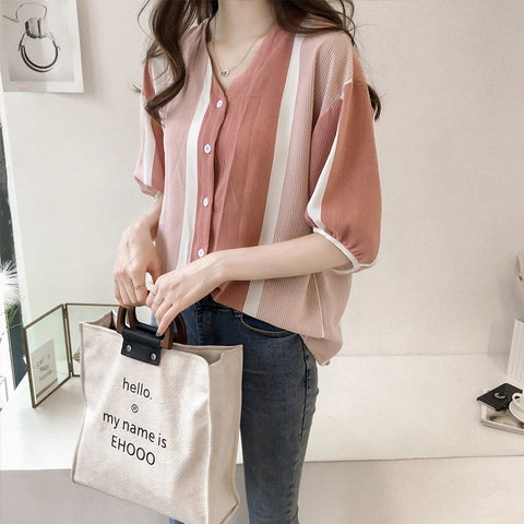 Plus Size M-4XL Blouse New Summer Style Pink Shirt Women Colorful Striped Tops Lady Blouses Chemise Femme Chiffon Blusas Mujer