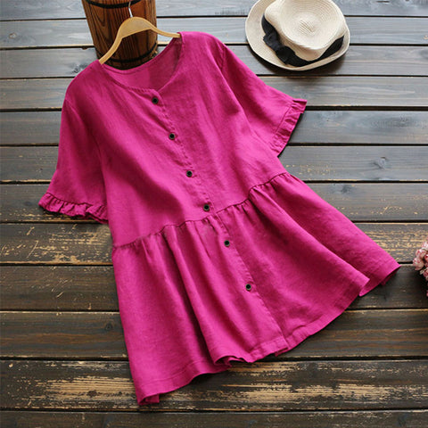 Plus Size New Women Short Sleeve Buttons Down Ruffles Shirt Casual Loose Party Work Cotton Linen Top Summer Blouse Blusas