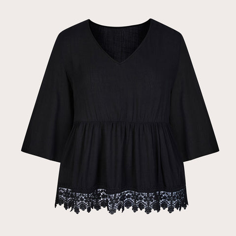 Plus Size Peplum Black Blouse Women 2023 Autumn Large Size Half Sleeve V Neck Clothing Casual Cotton Tops Solid Loose T Shirts