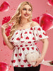 Plus Size Peplum Blouses Large Size Curvy T-shirts Summer 2023 Women 4xl Heart Print Ruffles Off Shoulder Casual Ladies Top