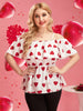 Plus Size Peplum Blouses Large Size Curvy T-shirts Summer 2023 Women 4xl Heart Print Ruffles Off Shoulder Casual Ladies Top