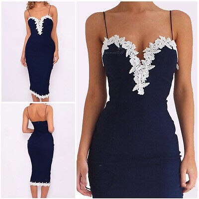 Plus Size Sexy Women Lace Printed Dress Vestido Bodycon Strappy V Neck Floral Lace Cocktail Party Short Dress Navy Blue