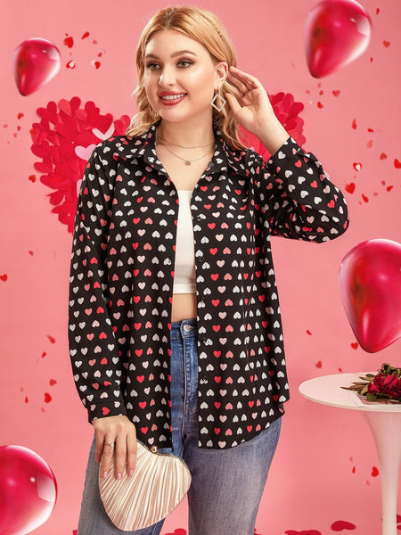 Plus Size Shirt 2023 Autumn Heart Print Blouses Women Long Sleeve Turn-down Collar Blouse Casual Tops Y2k Clothing