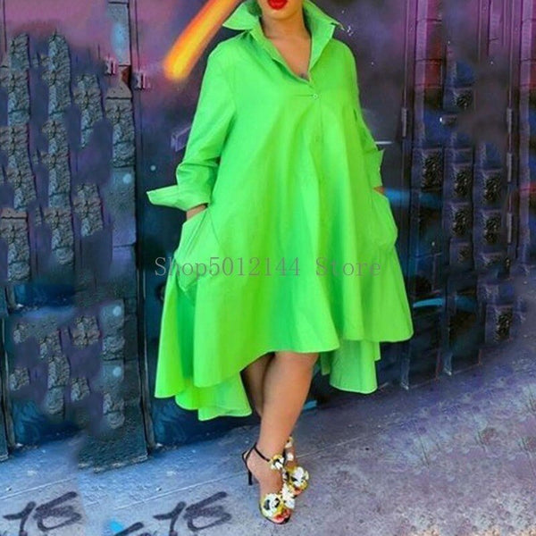 Plus Size Shirt Dress Women 2023 Spring Summer Long Sleeve Solid Green Loose Single Breasted Irregular Long Dresses Sundress