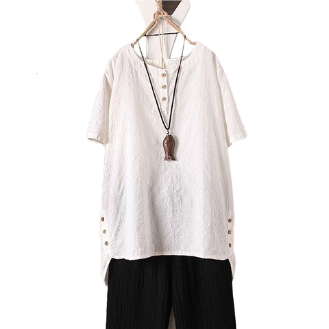 Plus Size Short Sleeve Cotton Linen Tops Women Vintage Blouse Casual O-Neck Button Top Solid Loose Ladies Shirt Femme Blusas 5XL