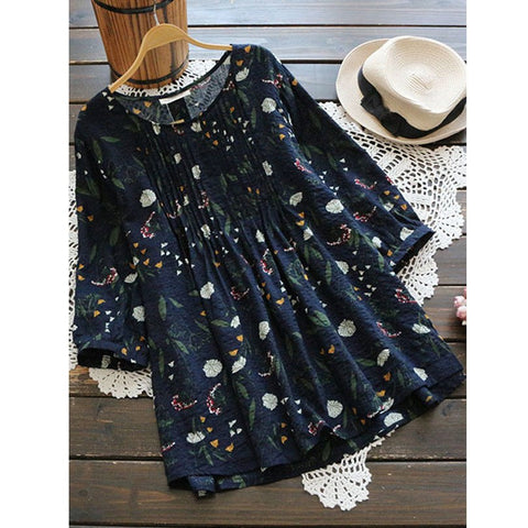 Plus Size Summer Women Blouse Shirt Loose Floral Print Shirt Linen Cotton Top 3/4 Sleeve Blusa Feminina Casual Camisa S to 5XL