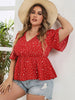 Plus Size Tunic Tops 4XL Peplum T-shirt Women Red Floral Print Large Size Clothing Casual Blouse 2023 Summer Ladies Outfits
