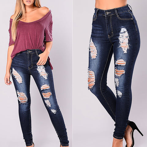 Plus Size Vintage Women Solid Color Blue Jeans Hole High Waist Jeans Flares Ankle Pants Trouser Skinny Woman Jeans