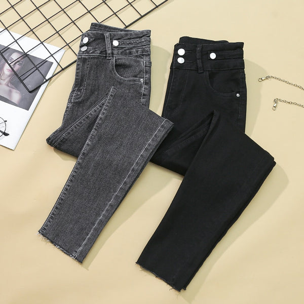 Plus Size Women Denim Pants Spring High Waist Slim Jeans Gray And Black Streetwear Female Stretch Pencil Jeans M-4XL