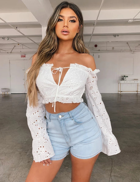Plus Size Women Top Sexy Off Shoulder Crop Tops Floral Hollow Long Sleeve Blouses V Neck Shirts Casual Lace Bandage Tops New