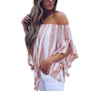 Plus Size Women Tops and Blouse 2022 Summer Top Female Striped Slash Neck Off Shoulder Chiffon Blouses Ladies Casual Loose Shirt