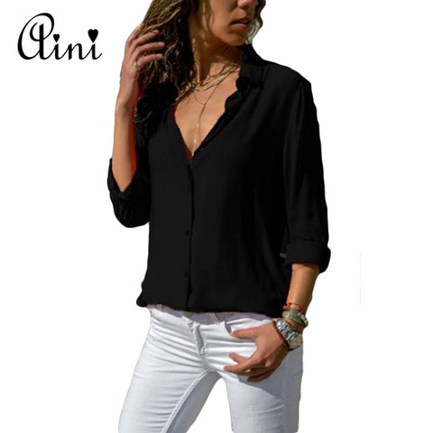 Plus Size Women Tops and Blouses 2022 Autumn Elegant Long Sleeve Solid V-neck Chiffon Blouse Female Work Wear Shirts Blouse