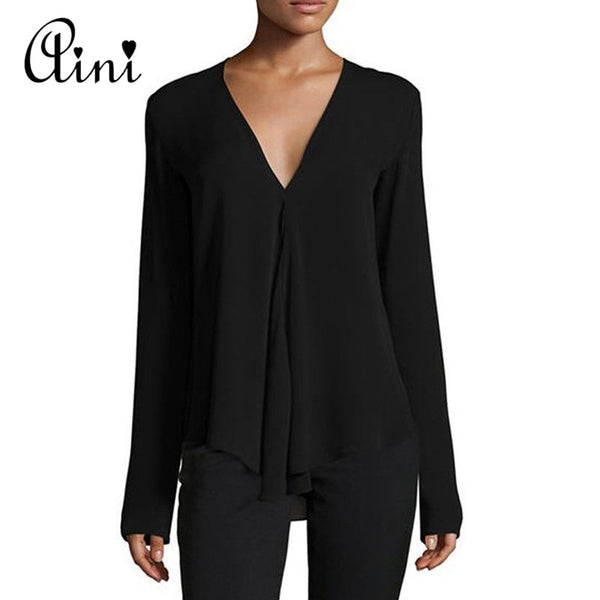 Plus Size Women Tops and Blouses 2022 Elegant Long Sleeve Solid V-neck Chiffon Blouse Female Casual Loose Shirts Blouse Tops