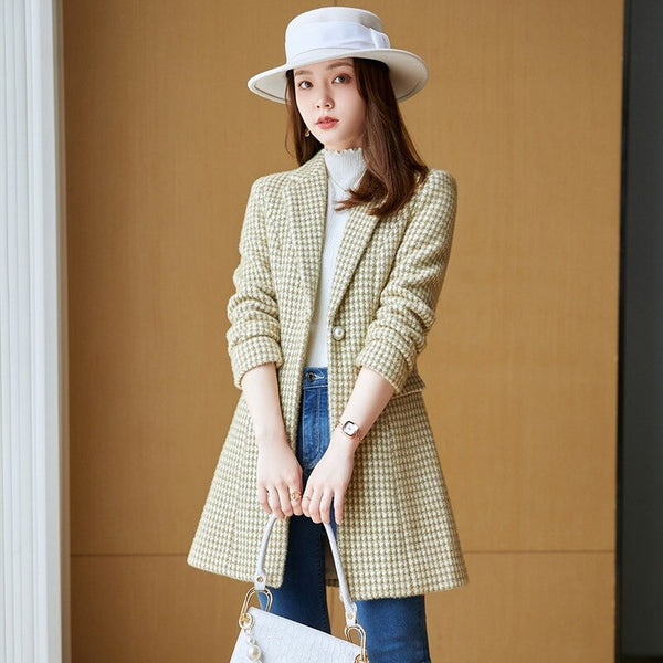 Plus Size Women's Blazer  Plaid Long Slim Ladies Coat 2022 Autumn and Winter Elegant Office Windbreaker Women