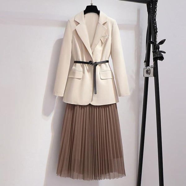 Plus Size Women's Spring And Autumn 2022 Slim Suit Loose Temperament Pleated Skirt Two Piece Set Blazer Jacket