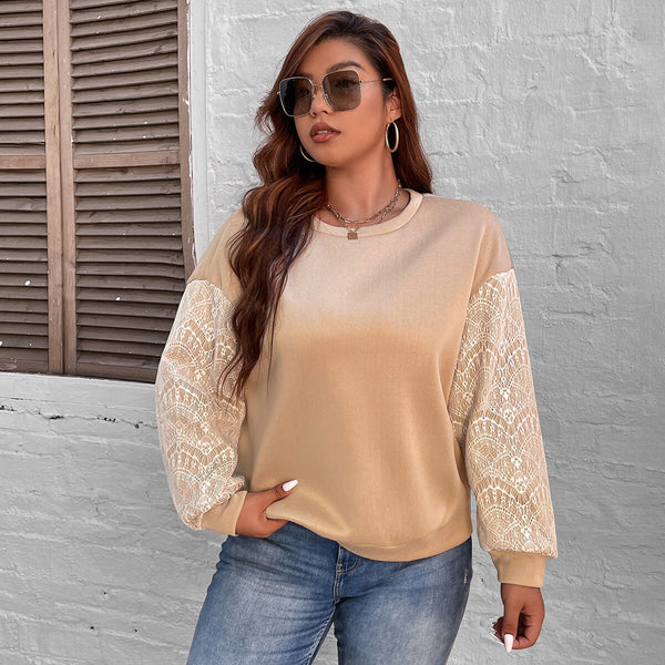 Plus Size Women's Sweater Winter 2023 Grey Lace Ladies Sweaters O Neck Long Sleeve Pullovers Loose Large Size Clothing