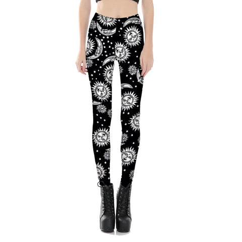 Plus Size Womens Leggings Cartoom Sun Moon Printed Skinny Leggings For Female Sexy Casual Slim Elastic Pants