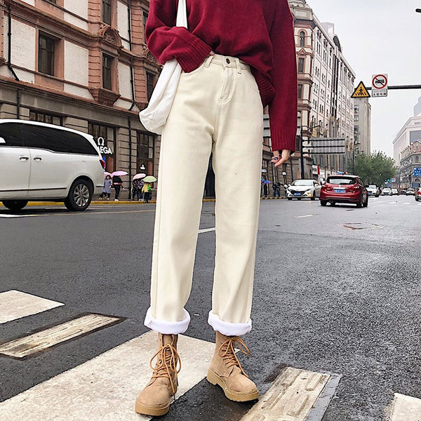 Plus Velvet Warm Jeans Women Winter Korean Loose Straight Thick Wide-leg Pants Female High Waist Beige Denim Pants XS-2XL