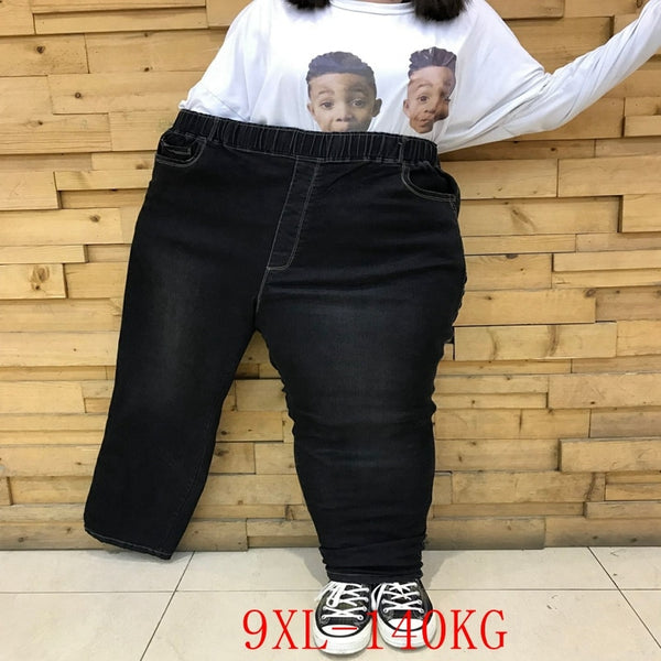Plus size jeans high waist stretch 5XL 6XL 7XL 8XL 9XL plus size women's pants pocket high waist stretch small feet jeans