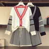 Plus size women's 2022 spring fat sister V-neck contrast knitted cardigan + plaid shorts age reduction suit