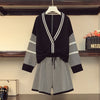 Plus size women's 2022 spring fat sister V-neck contrast knitted cardigan + plaid shorts age reduction suit