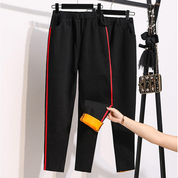 Plus velvet thick warm jeans women's plus size autumn and winter style side stripes retro high waist nine-point harem pants