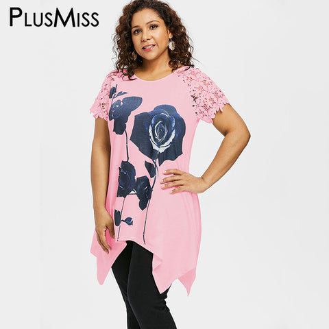 Plus Size 5XL 4XL XXXL Flower Floral Print Lace Crochet Sleeve Long Blouse Shirt Women White Short Sleeve Tops Big Size