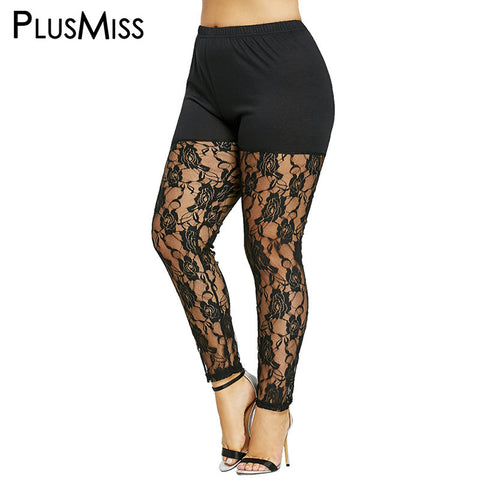 Plus Size 5XL High Waist Black Sexy Floral Lace Sheer Legging Women Skinny See Through Mesh Pants Capri Big Size 2022