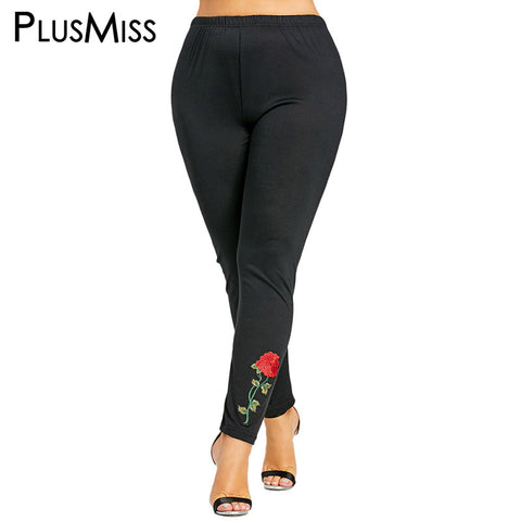 Plus Size 5XL Sexy Rose Embroidered Legging Pants Women Clothes Work Out Embroidery Skinny Leggins Fitness Legins Black