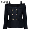 Blazer Plus Size 3XL4XL Women Navy Slim Solid Long Sleeve Slash Neck Double-Breasted Button Pocket Plain Plus Size Blazer