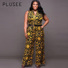Jumpsuit Plus Size 4XL 5XL Women 2022 Golden Slim Wide Legs Geometric Color Block Button Pocket Print Plus Size Jumpsuit