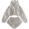 Plush Thickened Short Set Women Casual Long Sleeve Hoodie + White High Waist Shorts Matching Set