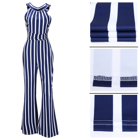 2022 Women Long Stripe Jumpsuit Hanging Neck Backless Sexy Party Jumpsuit Sleeveless Beach Ladies Summer Jumpsuit Romper