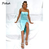 Pofash Satin Blue Solid Midi Dress Women Lace Up Backless Slim Sexy Club Party Dresses Side Split Female Summer Vestidos 2022