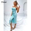 Pofash Satin Blue Solid Midi Dress Women Lace Up Backless Slim Sexy Club Party Dresses Side Split Female Summer Vestidos 2022