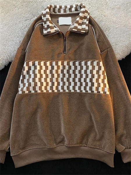 Polo Collar Vintage Sweater Women Y2k Plaid Printed Fahsion Streetwear Loose Hoodies Autumn Ins  Female Kpop Chic Sweatshirt