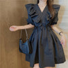 Popular Hepburn Style Little Black Dress Women's Small 2022  Summer Ruffles V-neck Tight Waist Midi Dress