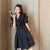 Popular Hepburn Style Little Black Dress Women's Small 2022  Summer Ruffles V-neck Tight Waist Midi Dress