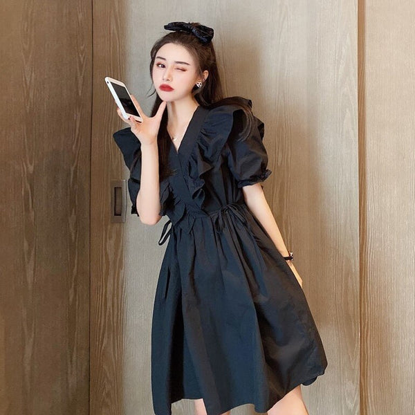 Popular Hepburn Style Little Black Dress Women's Small 2022  Summer Ruffles V-neck Tight Waist Midi Dress