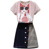 Preppy Skirt Suits Summer Women Cute Ladies Stripped Printed Blouse Tops And Denim Spliced  Skirt Suits Set Clothing Set NS983