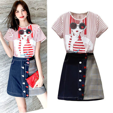 Preppy Skirt Suits Summer Women Cute Ladies Stripped Printed Blouse Tops And Denim Spliced  Skirt Suits Set Clothing Set NS983